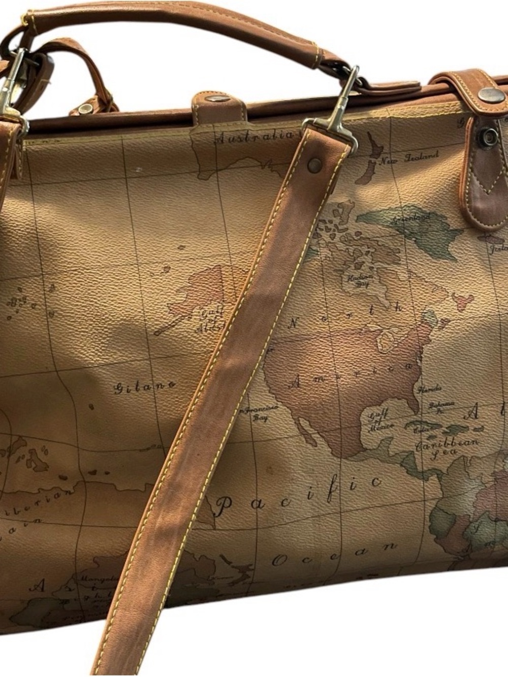 👛-50-Gintanio- Vintage Map Print Leather Travel Satchel - Tan/Brown
